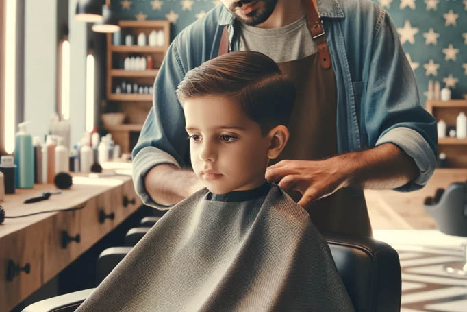 Barbeiro demonstrando paciência e empatia durante o corte de cabelo de crianca autista.