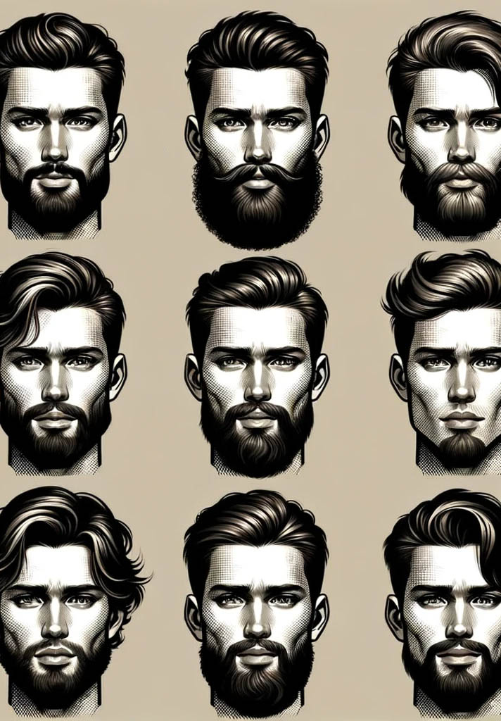 Guia visual de tipos de rosto e estilos de corte e barba retro